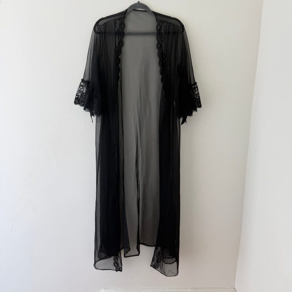 Vintage Perfectform Black Sheer Nylon Peignoir Robe XL Lace Bell Sleeve USA - Picture 2 of 10